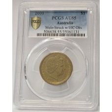 AUSTRALIA 2000 . ONE 1 DOLLAR COIN . ERROR . MULE . STRUCK ON TEN 10 CENTS